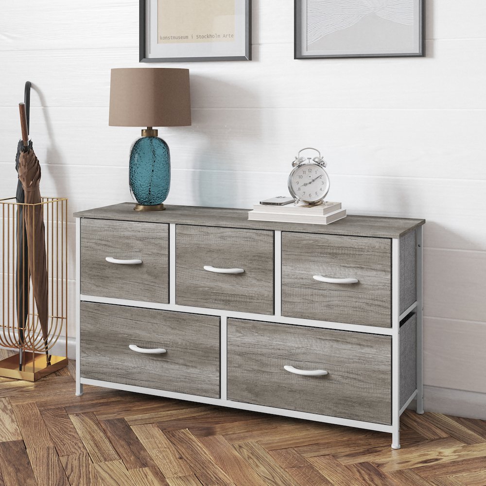 5 Drawer Dresser Storage Organizer, Light Natural Drawers/White Frame