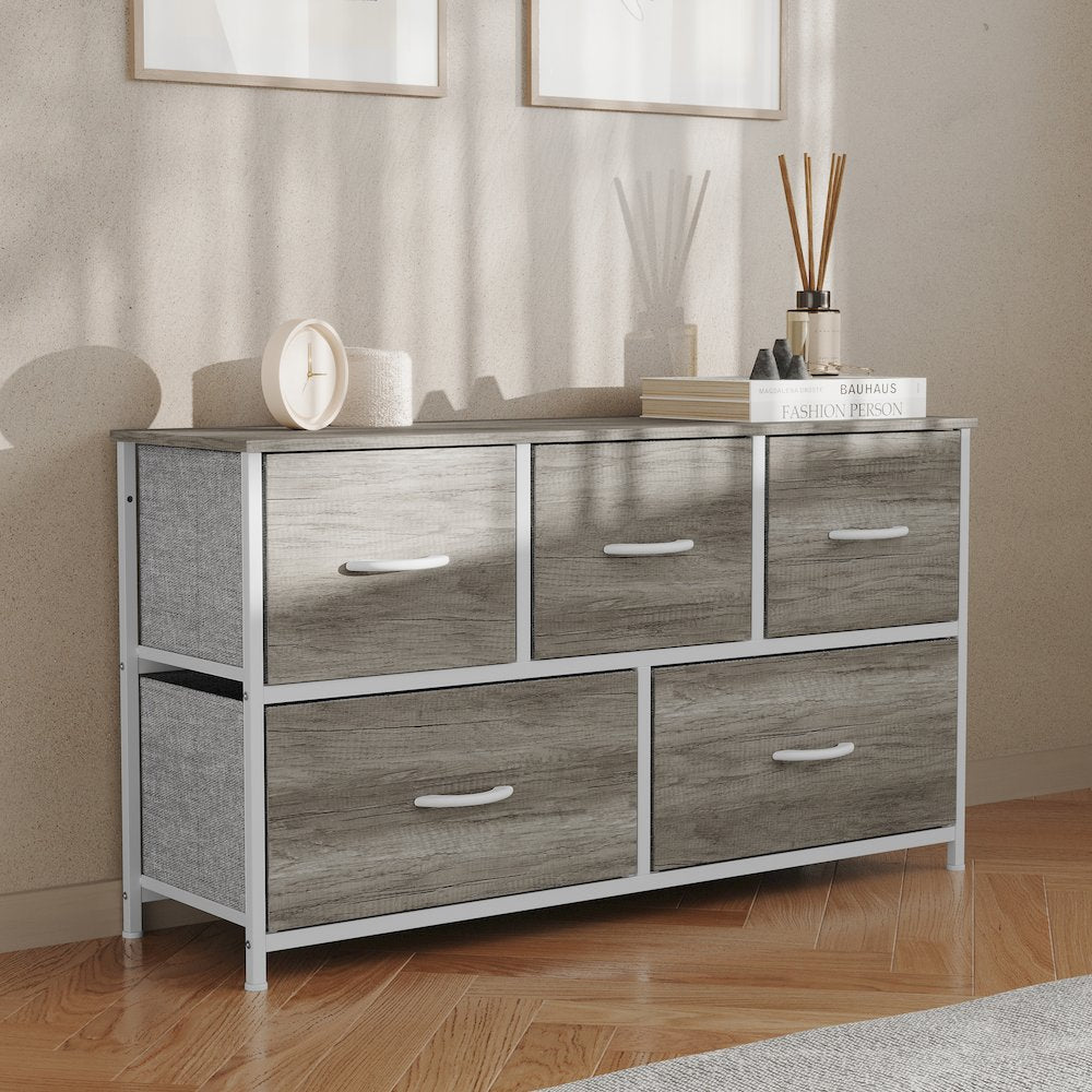 5 Drawer Dresser Storage Organizer, Light Natural Drawers/White Frame