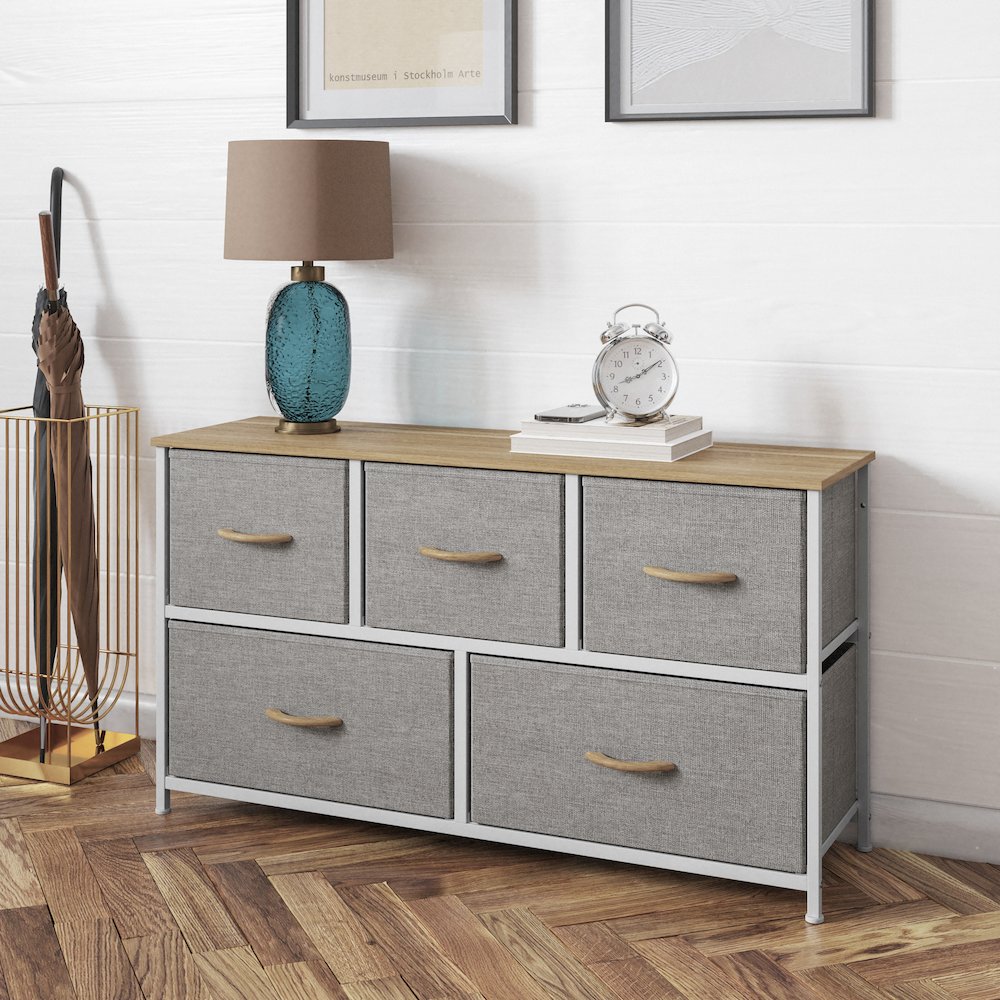 5 Drawer Dresser Storage Organizer, Beige Drawers/White Frame