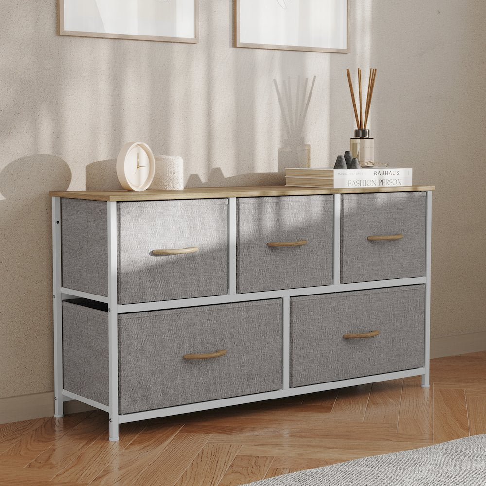 5 Drawer Dresser Storage Organizer, Beige Drawers/White Frame