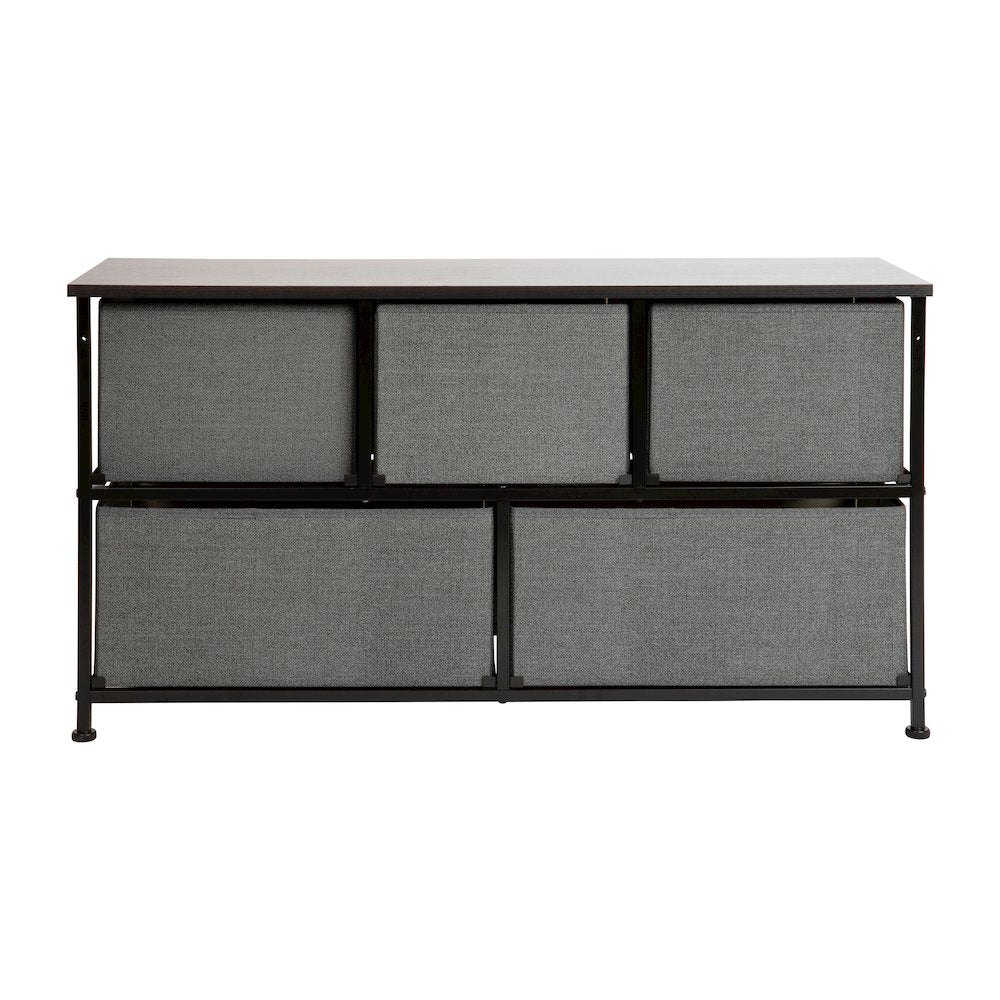 5 Drawer Wood Top BlackFrame Vertical Storage Dresser with Dark Gray Drawers
