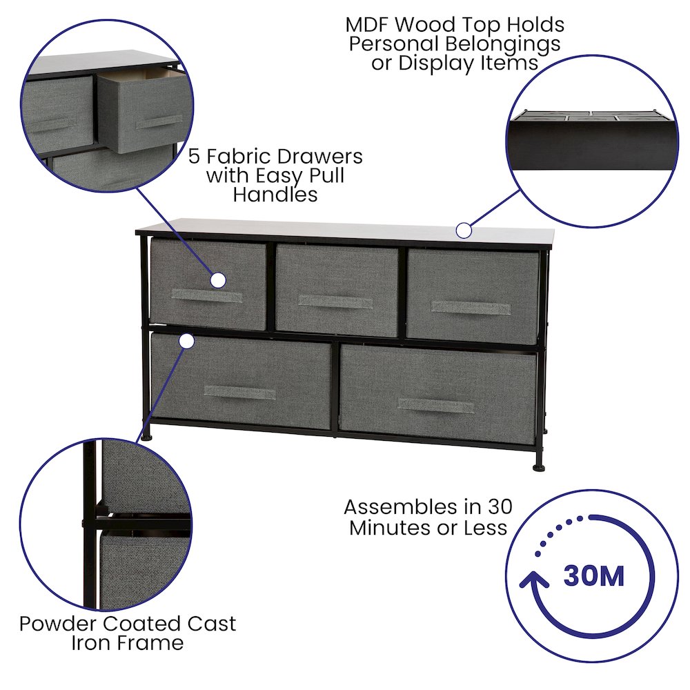5 Drawer Wood Top BlackFrame Vertical Storage Dresser with Dark Gray Drawers