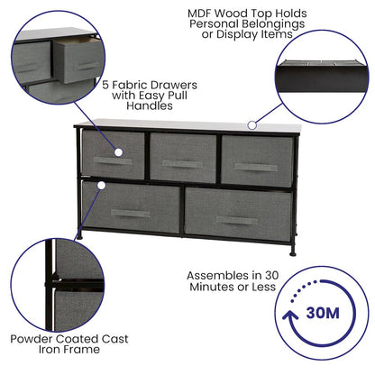 5 Drawer Wood Top BlackFrame Vertical Storage Dresser with Dark Gray Drawers