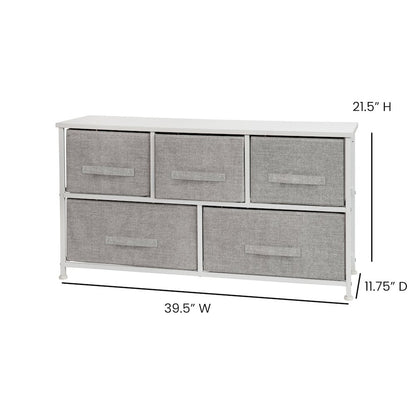 5 Drawer Wood Top WhiteFrame Vertical Storage Dresser with Light Gray Drawers