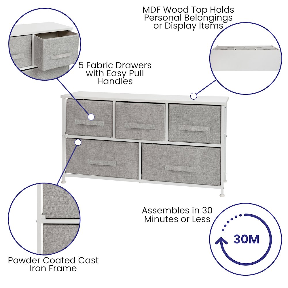 5 Drawer Wood Top WhiteFrame Vertical Storage Dresser with Light Gray Drawers