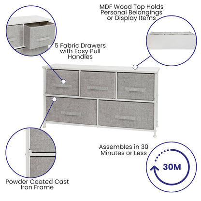 5 Drawer Wood Top WhiteFrame Vertical Storage Dresser with Light Gray Drawers
