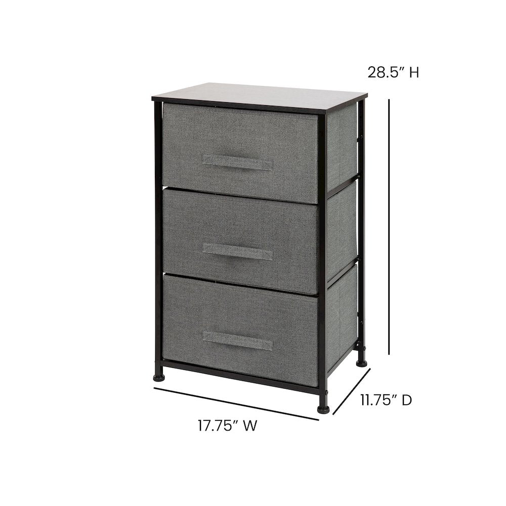 3 Drawer Wood Top BlackFrame Vertical Storage Dresser with Dark Gray Drawers