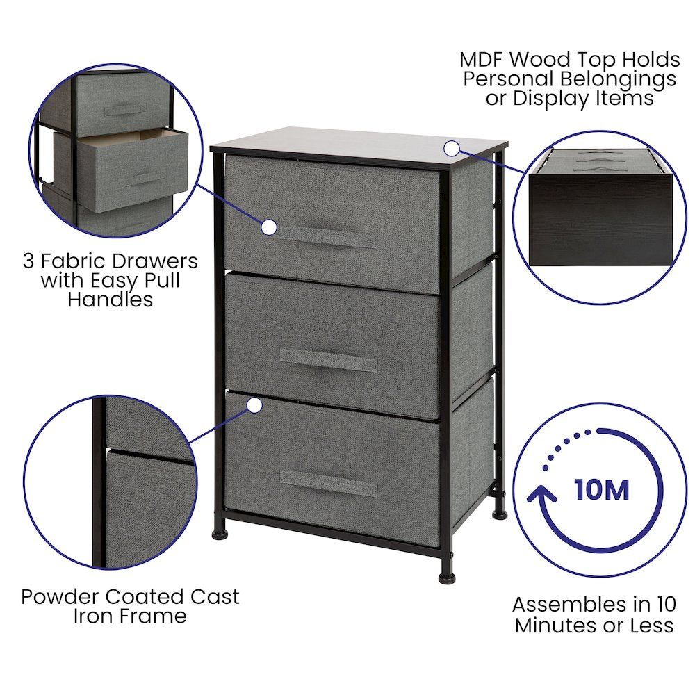 3 Drawer Wood Top BlackFrame Vertical Storage Dresser with Dark Gray Drawers