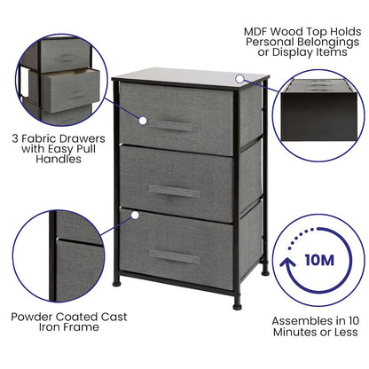 3 Drawer Wood Top BlackFrame Vertical Storage Dresser with Dark Gray Drawers