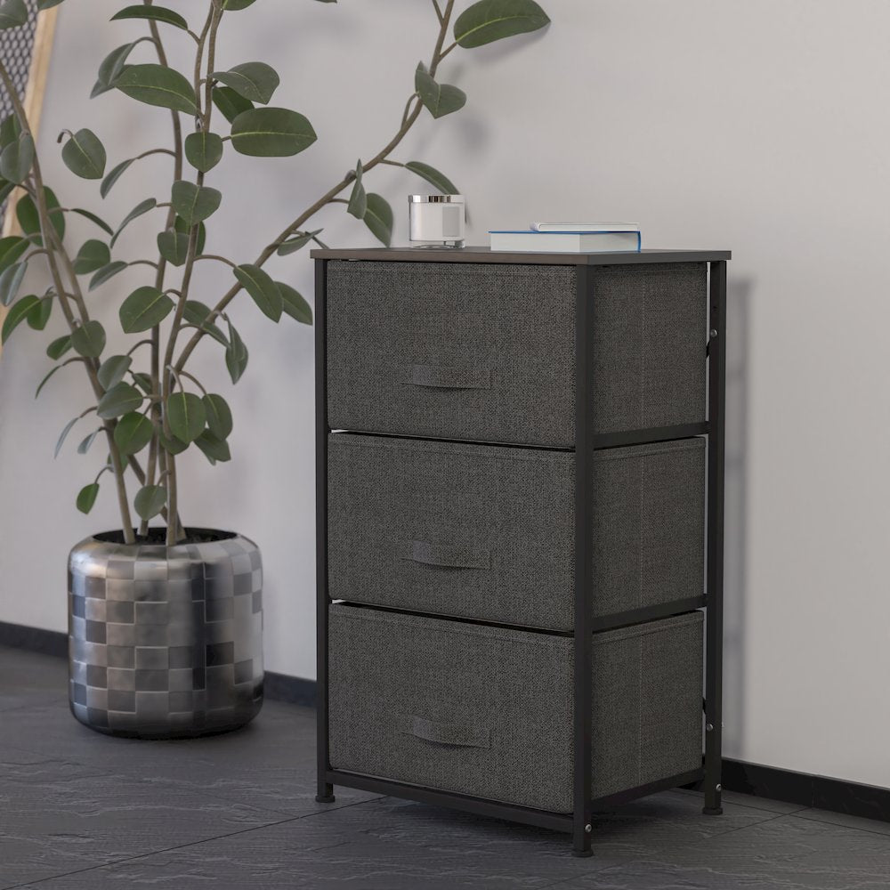3 Drawer Wood Top BlackFrame Vertical Storage Dresser with Dark Gray Drawers