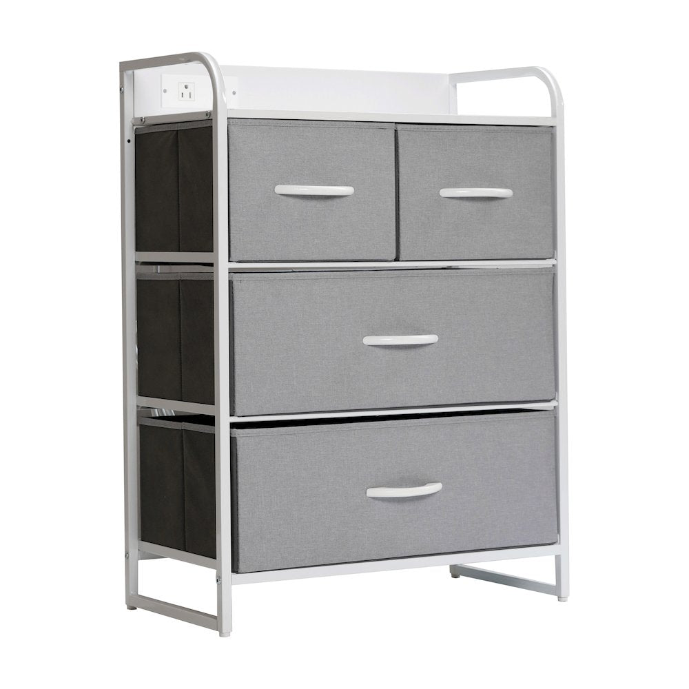4 Drawer Nightstand with Charging Station, 2 USB Ports, White Metal Frame