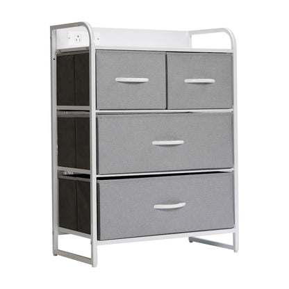 4 Drawer Nightstand with Charging Station, 2 USB Ports, White Metal Frame