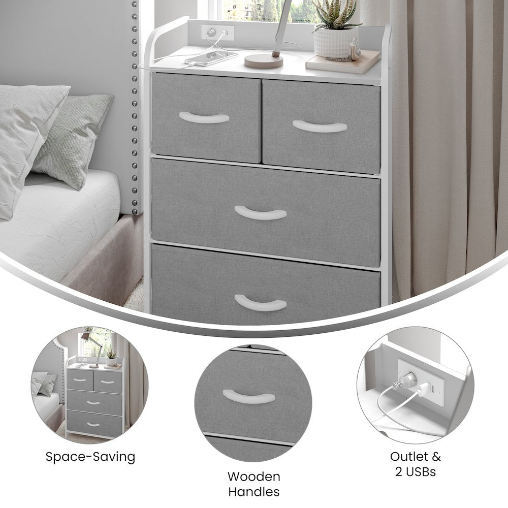 4 Drawer Nightstand with Charging Station, 2 USB Ports, White Metal Frame