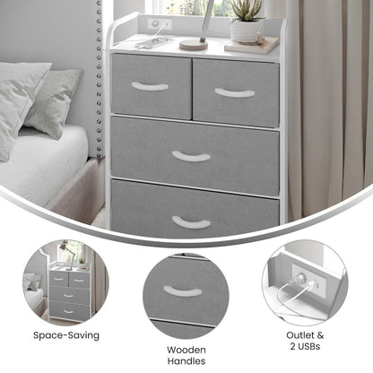4 Drawer Nightstand with Charging Station, 2 USB Ports, White Metal Frame