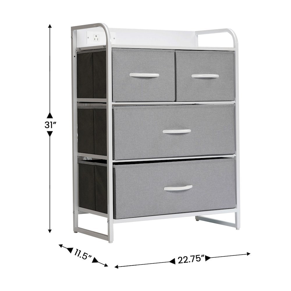 4 Drawer Nightstand with Charging Station, 2 USB Ports, White Metal Frame