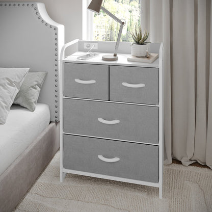 4 Drawer Nightstand with Charging Station, 2 USB Ports, White Metal Frame
