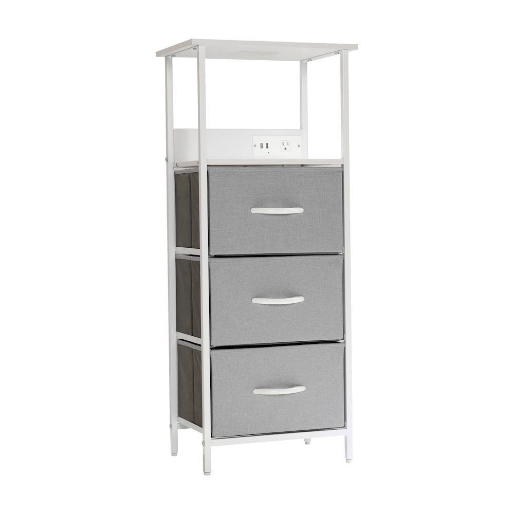 3 Drawer Nightstand with Charging Station, 2 USB Ports, White Metal Frame