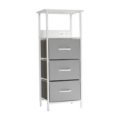 3 Drawer Nightstand with Charging Station, 2 USB Ports, White Metal Frame