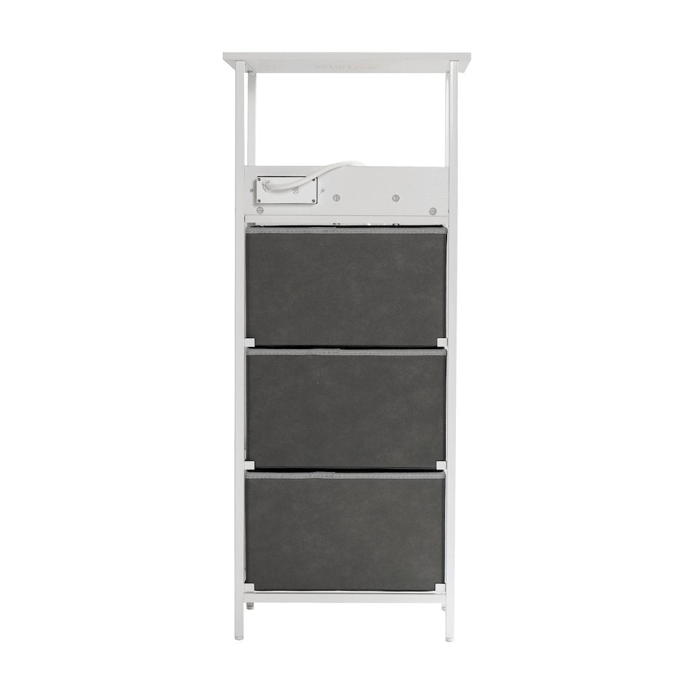 3 Drawer Nightstand with Charging Station, 2 USB Ports, White Metal Frame