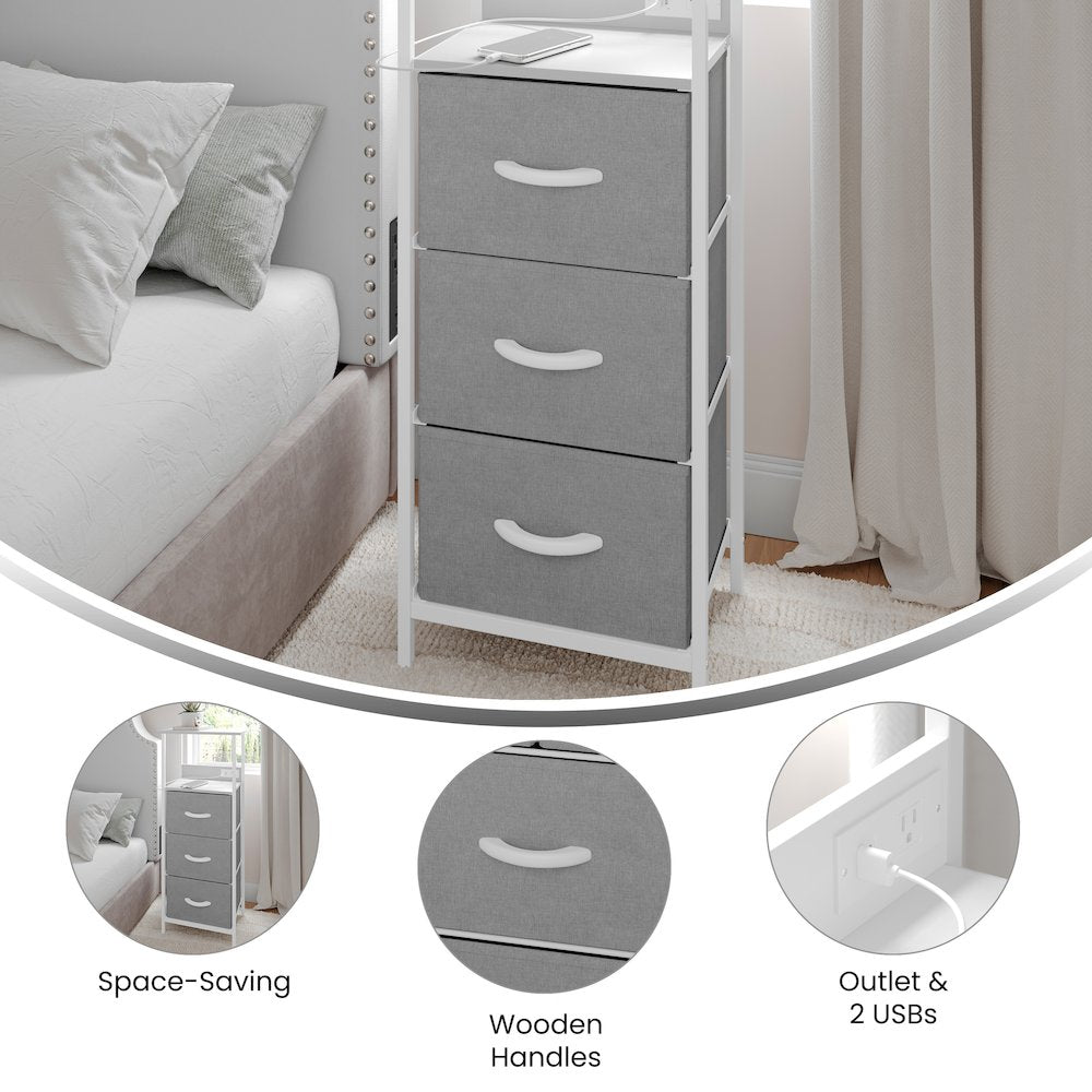 3 Drawer Nightstand with Charging Station, 2 USB Ports, White Metal Frame