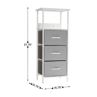3 Drawer Nightstand with Charging Station, 2 USB Ports, White Metal Frame