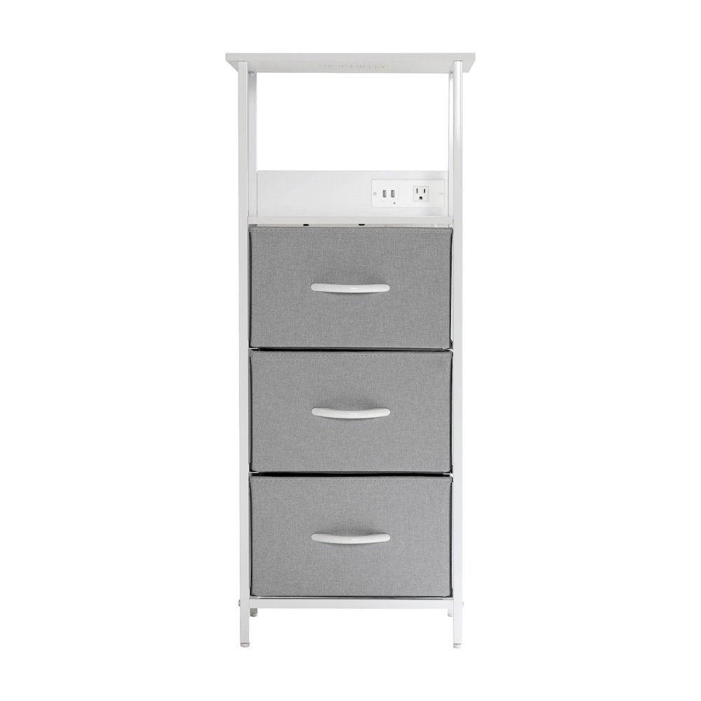 3 Drawer Nightstand with Charging Station, 2 USB Ports, White Metal Frame