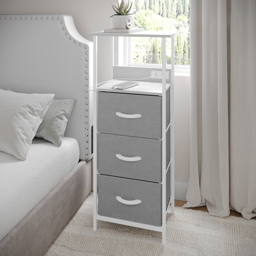 3 Drawer Nightstand with Charging Station, 2 USB Ports, White Metal Frame