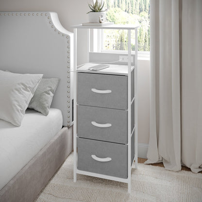 3 Drawer Nightstand with Charging Station, 2 USB Ports, White Metal Frame