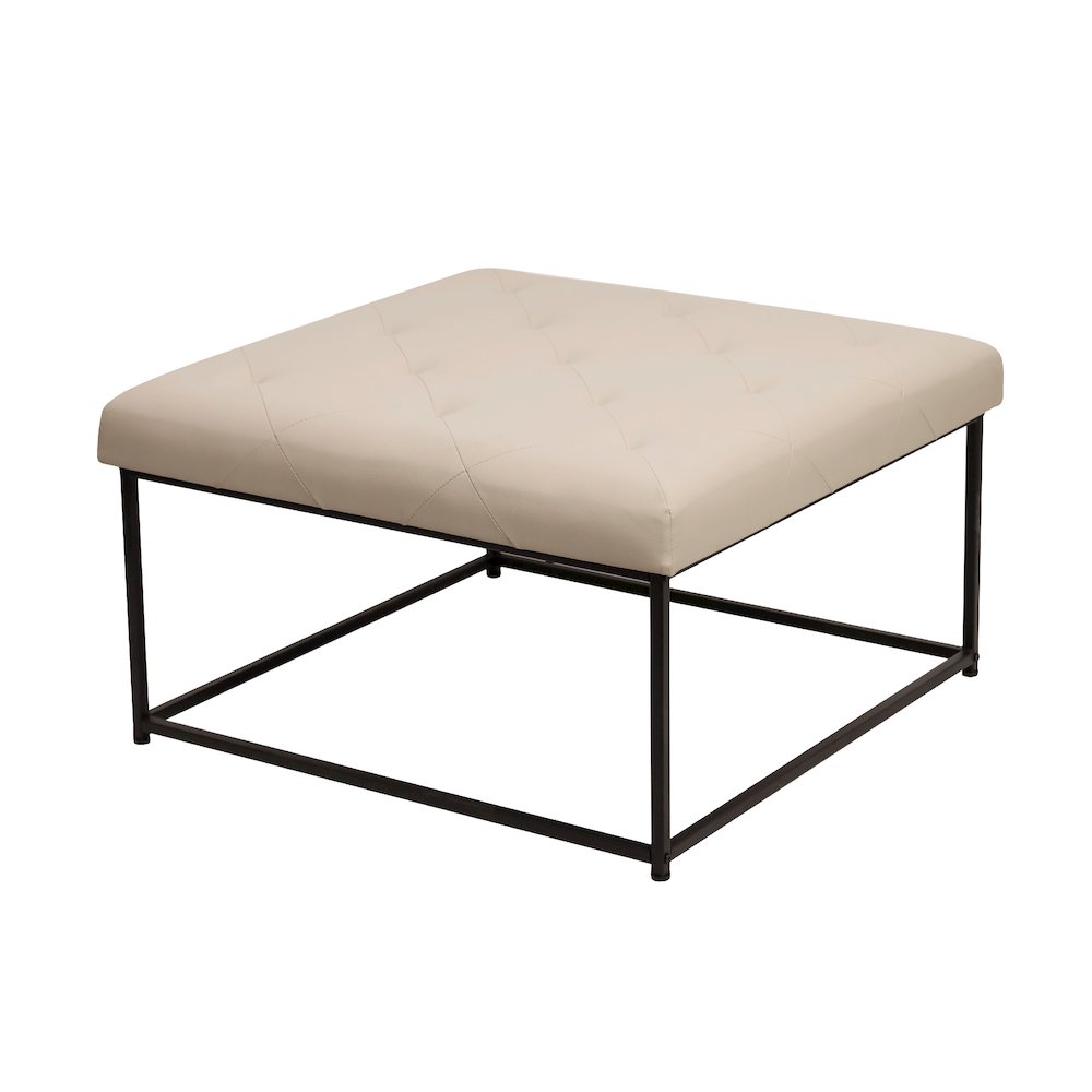 30" Square LeatherSoft Tufted Ottoman, Metal Frame,Beige LeatherSoft/Black Frame