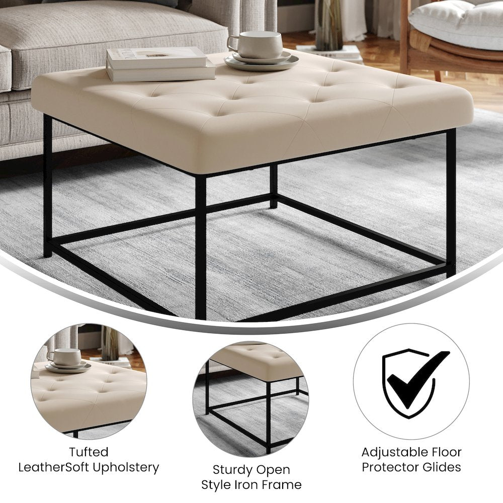 30" Square LeatherSoft Tufted Ottoman, Metal Frame,Beige LeatherSoft/Black Frame