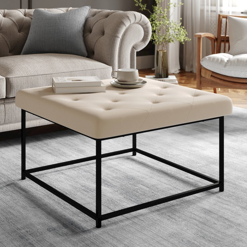 30" Square LeatherSoft Tufted Ottoman, Metal Frame,Beige LeatherSoft/Black Frame