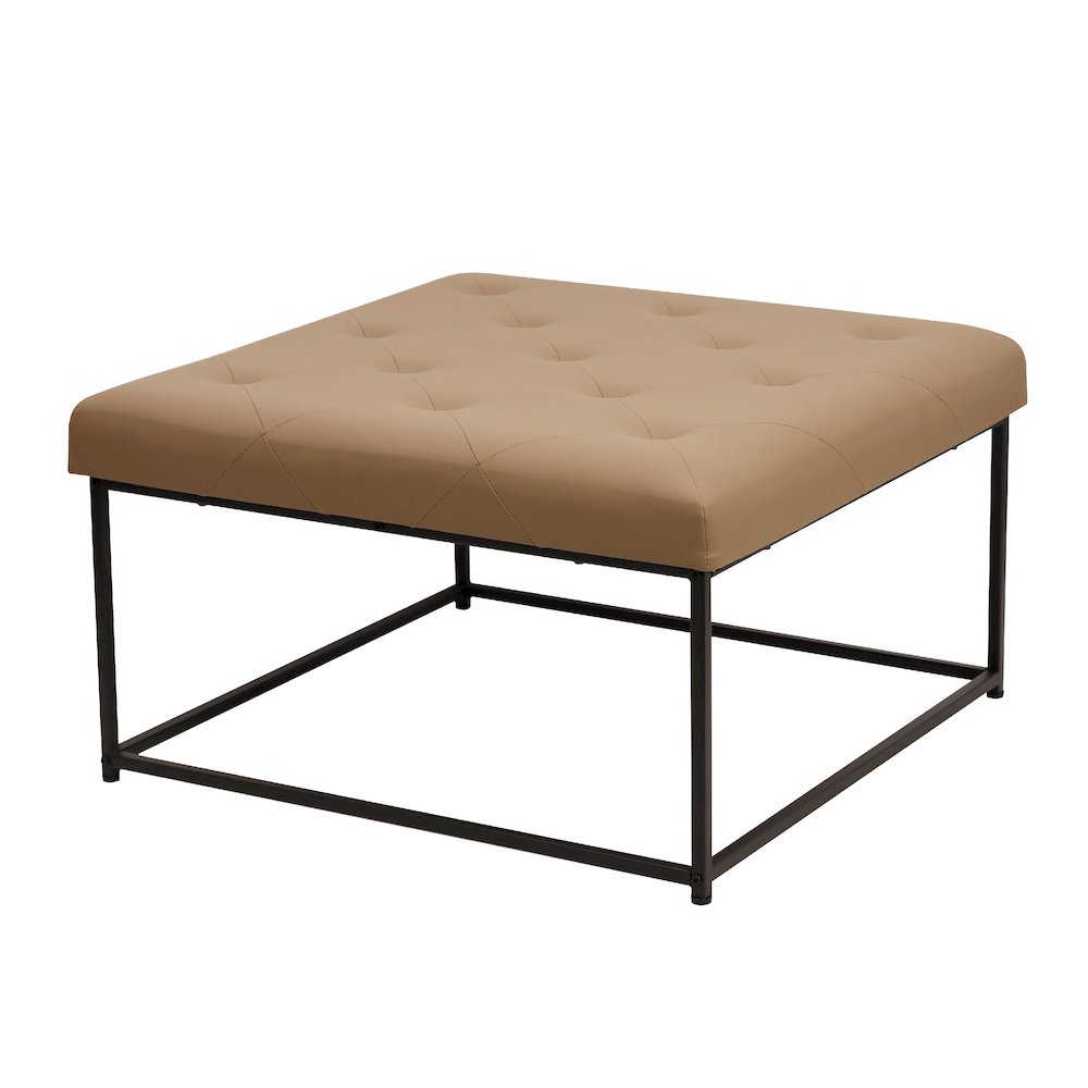 30" Square LeatherSoft Tufted Ottoman, Metal Frame, Light Brown LeatherSoft