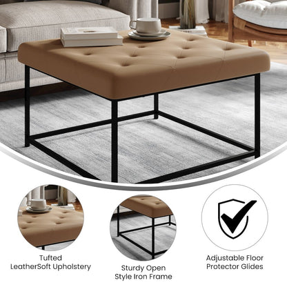 30" Square LeatherSoft Tufted Ottoman, Metal Frame, Light Brown LeatherSoft