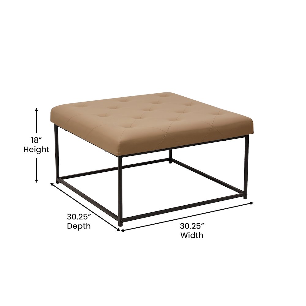 30" Square LeatherSoft Tufted Ottoman, Metal Frame, Light Brown LeatherSoft