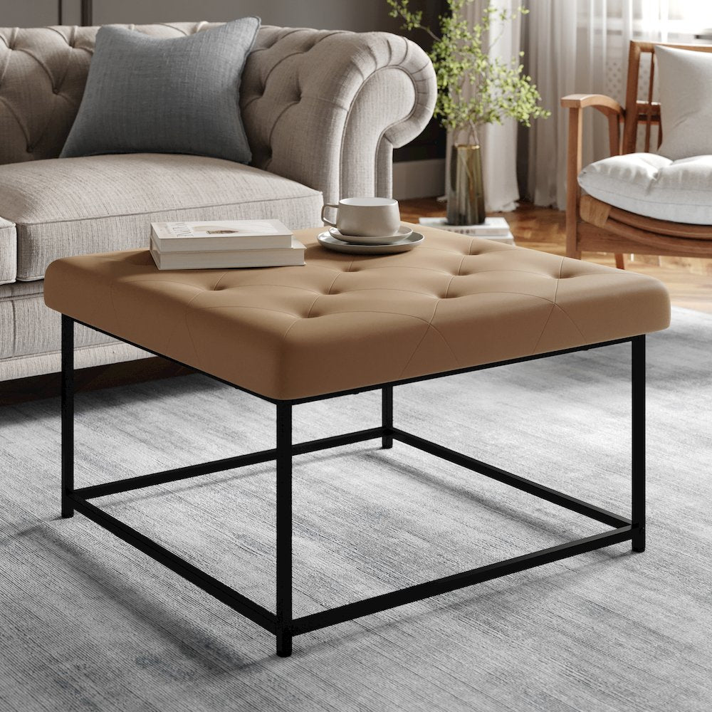 30" Square LeatherSoft Tufted Ottoman, Metal Frame, Light Brown LeatherSoft