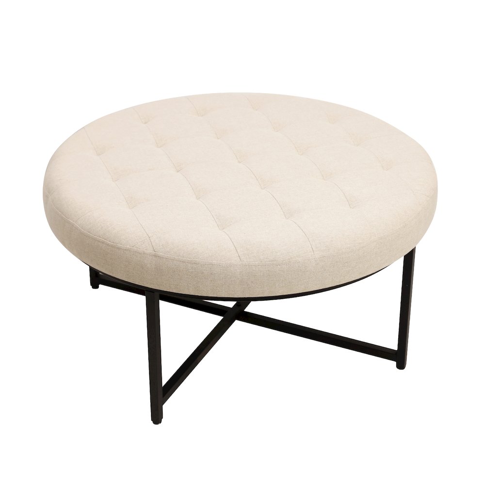 34" Round Cotton Linen Tufted Ottoman, Metal Frame, Beige Cotton Linen