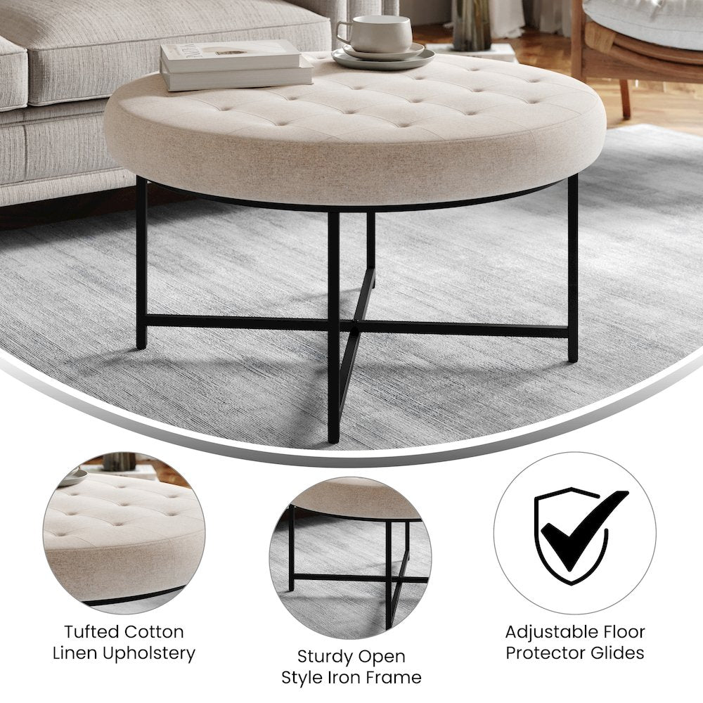 34" Round Cotton Linen Tufted Ottoman, Metal Frame, Beige Cotton Linen