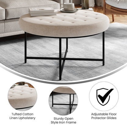 34" Round Cotton Linen Tufted Ottoman, Metal Frame, Beige Cotton Linen