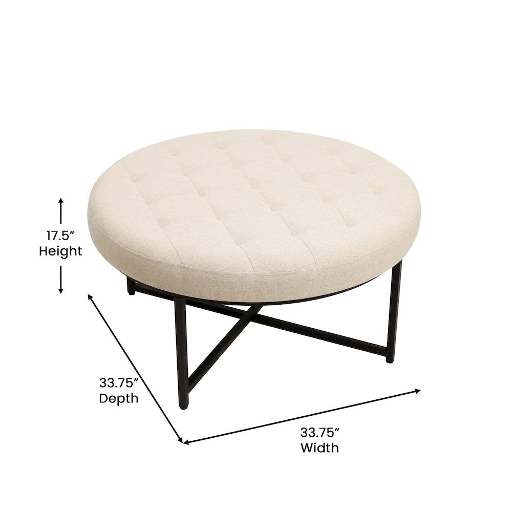 34" Round Cotton Linen Tufted Ottoman, Metal Frame, Beige Cotton Linen
