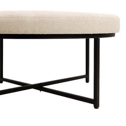 34" Round Cotton Linen Tufted Ottoman, Metal Frame, Beige Cotton Linen