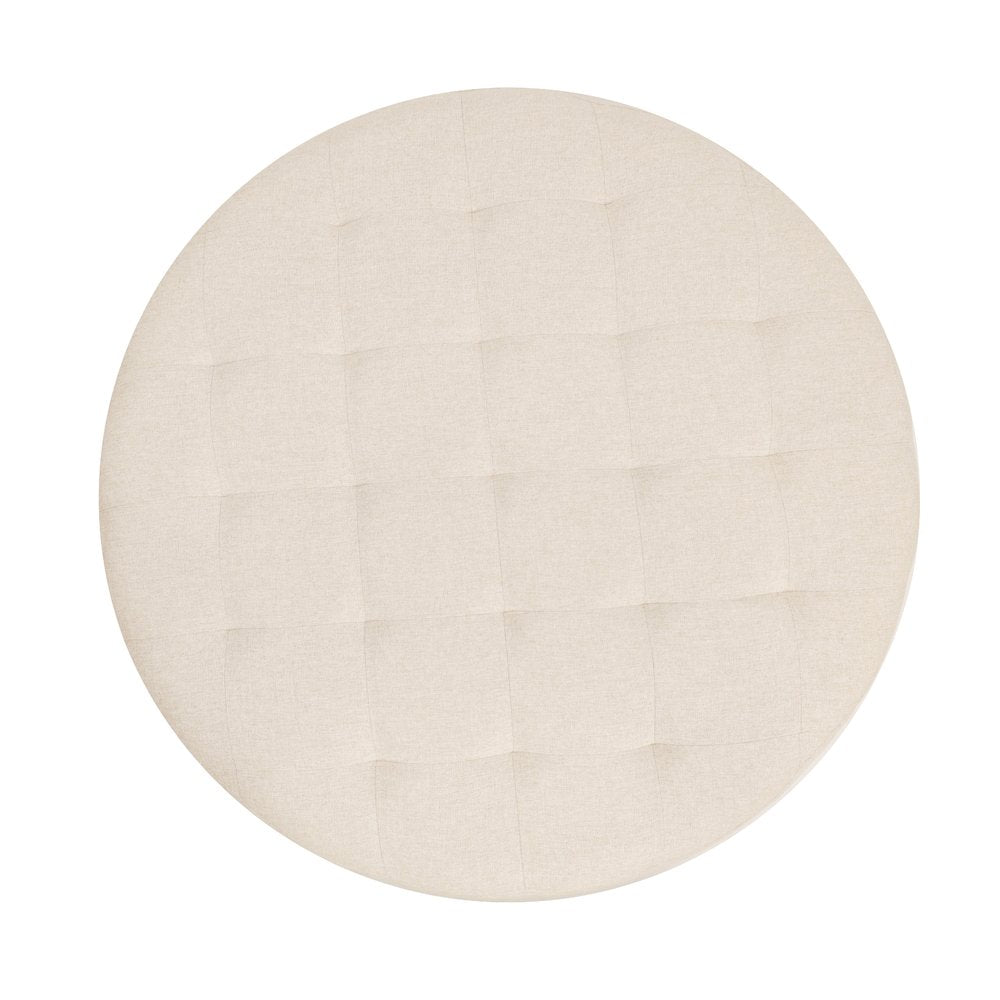 34" Round Cotton Linen Tufted Ottoman, Metal Frame, Beige Cotton Linen