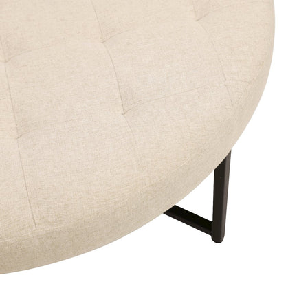 34" Round Cotton Linen Tufted Ottoman, Metal Frame, Beige Cotton Linen