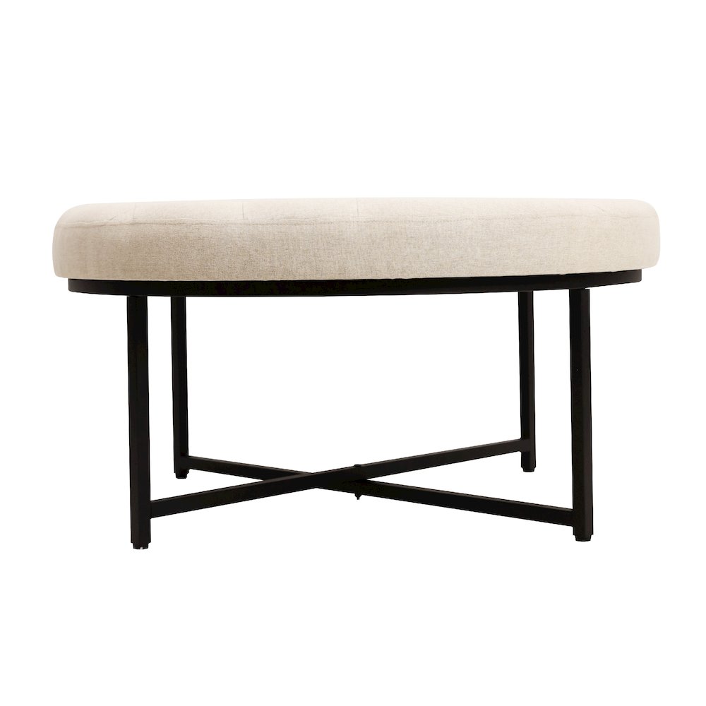 34" Round Cotton Linen Tufted Ottoman, Metal Frame, Beige Cotton Linen