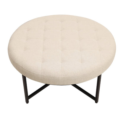 34" Round Cotton Linen Tufted Ottoman, Metal Frame, Beige Cotton Linen
