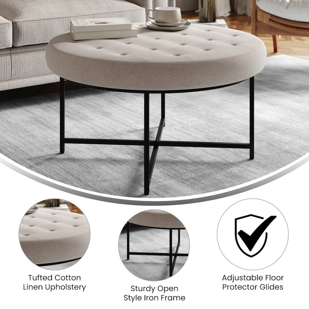 34" Round Cotton Linen Tufted Ottoman with Metal Frame, Gray Cotton Linen