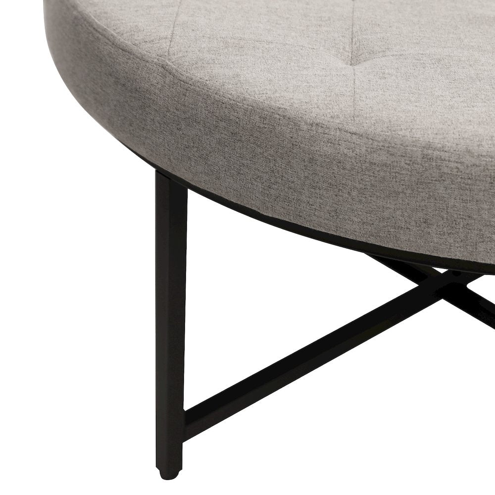 34" Round Cotton Linen Tufted Ottoman with Metal Frame, Gray Cotton Linen