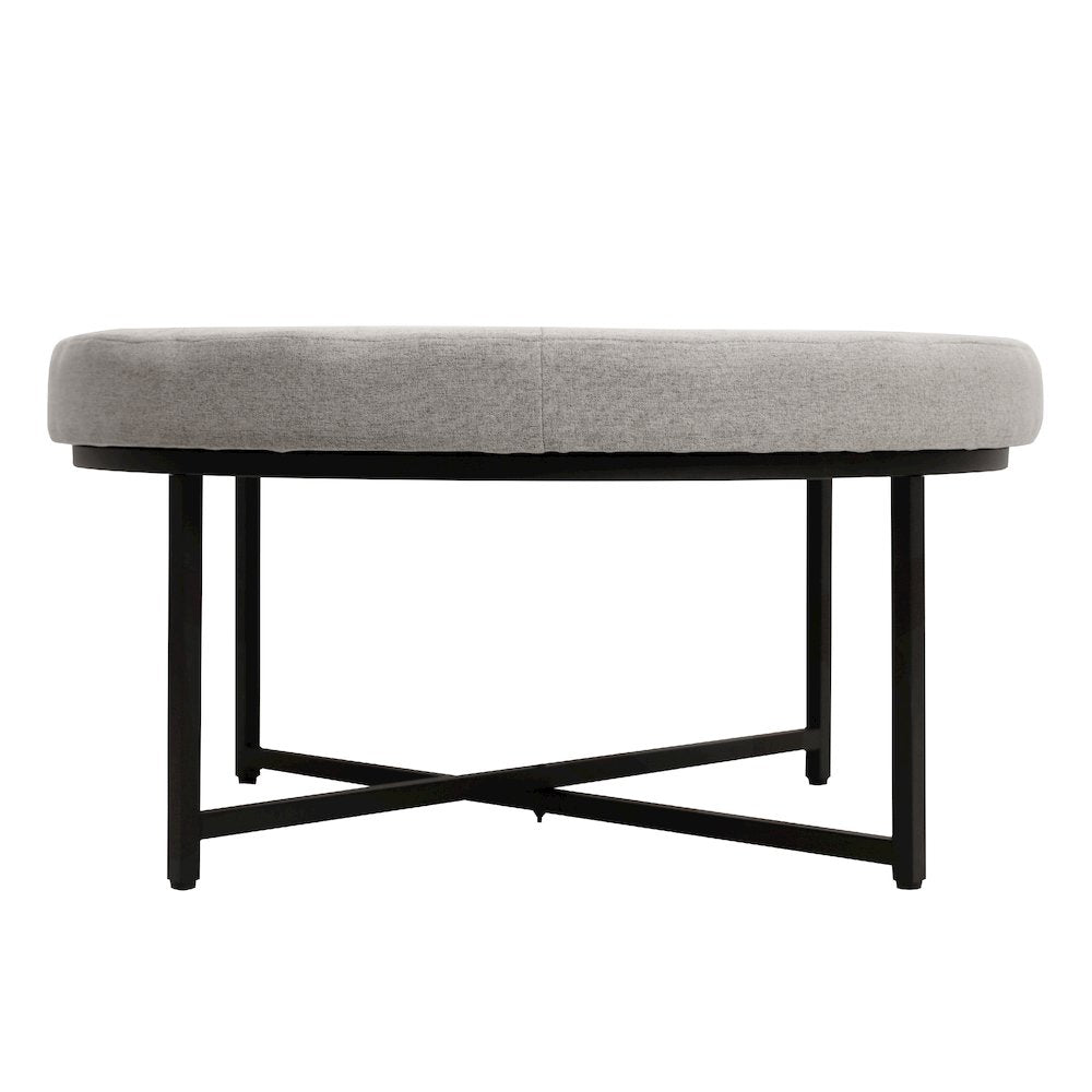 34" Round Cotton Linen Tufted Ottoman with Metal Frame, Gray Cotton Linen