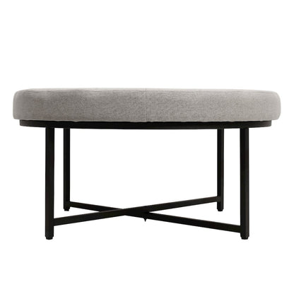 34" Round Cotton Linen Tufted Ottoman with Metal Frame, Gray Cotton Linen