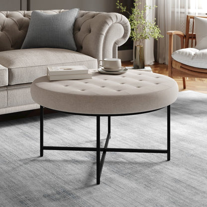 34" Round Cotton Linen Tufted Ottoman with Metal Frame, Gray Cotton Linen