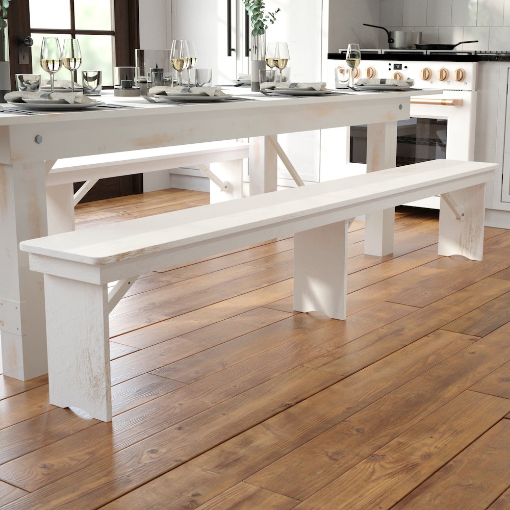 8' x 12" Antique Rustic Solid White Pine Folding Farm Bench with 3 Legs
